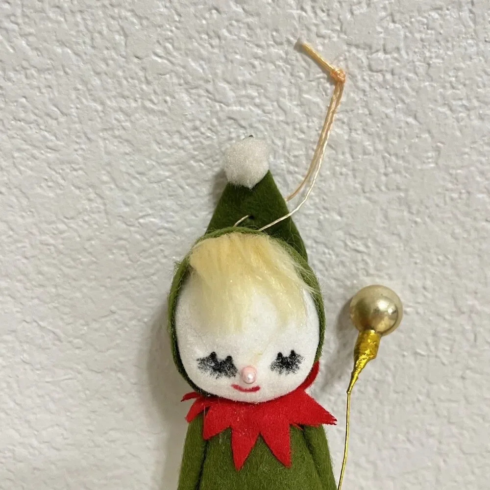 Vintage Flocked Felt Snow Baby Elf Christmas Ornaments Holding Balloons Lot of 2